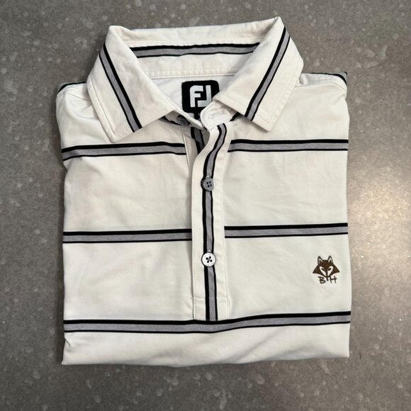 FootJoy White & Navy Striped Polo Shirt with Fox Logo – Size Medium - Picture 2 of 9